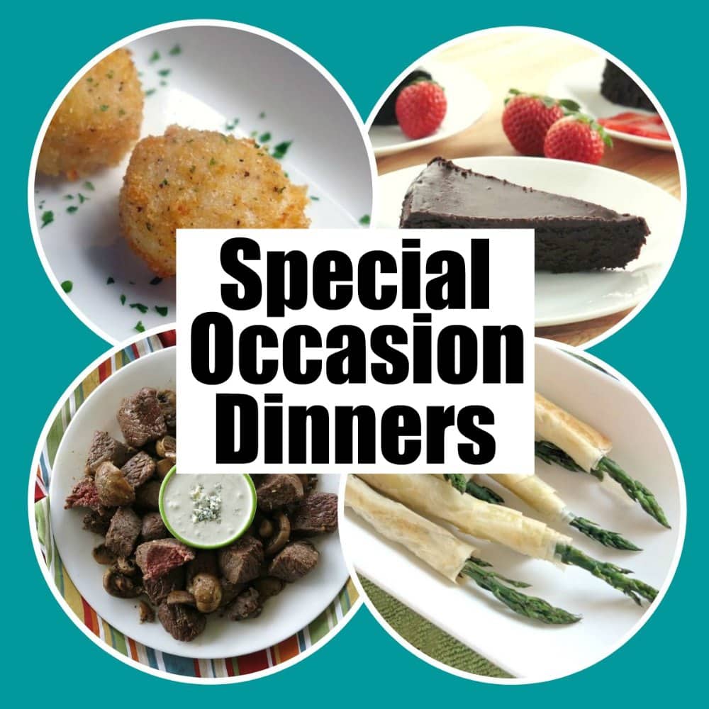 Collage of baked scallops, chocolate cake, steak bites, and phyllo-wrapped asparagus with text overlay that says: special occasion dinners.