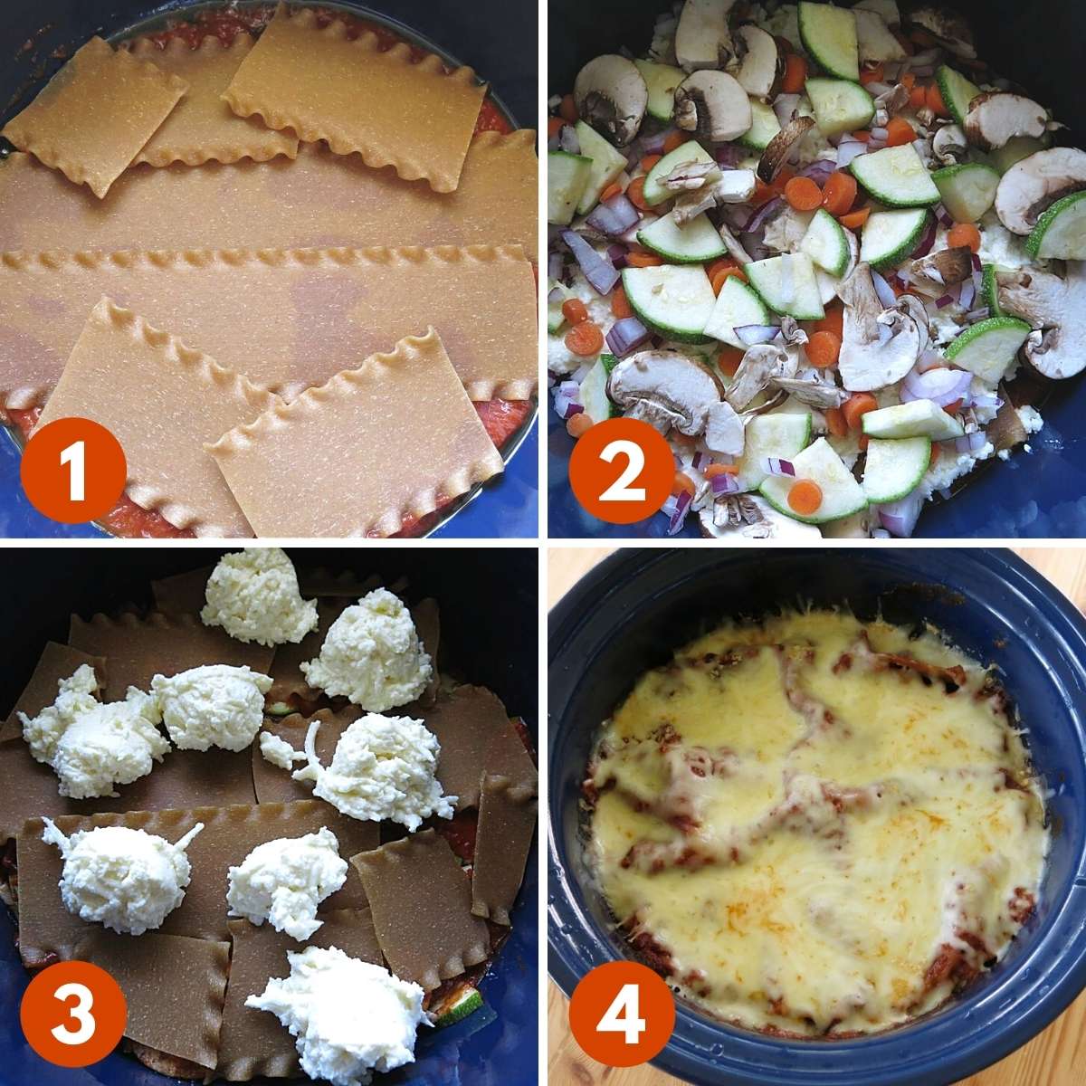 Collage of 4 main steps in slow cooker lasagna recipe. 1) Broken lasagna sheets in crock-pot. 2) Layer of zucchini, mushrooms, onions. 3) Cheesy ricotta mixture in balls 4) Cooked lasagna in slow cooker.