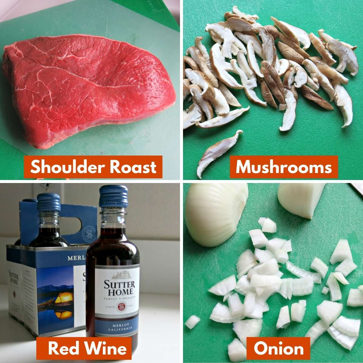 Collage of main ingredients: shoulder roast, mushrooms, red wine, onion