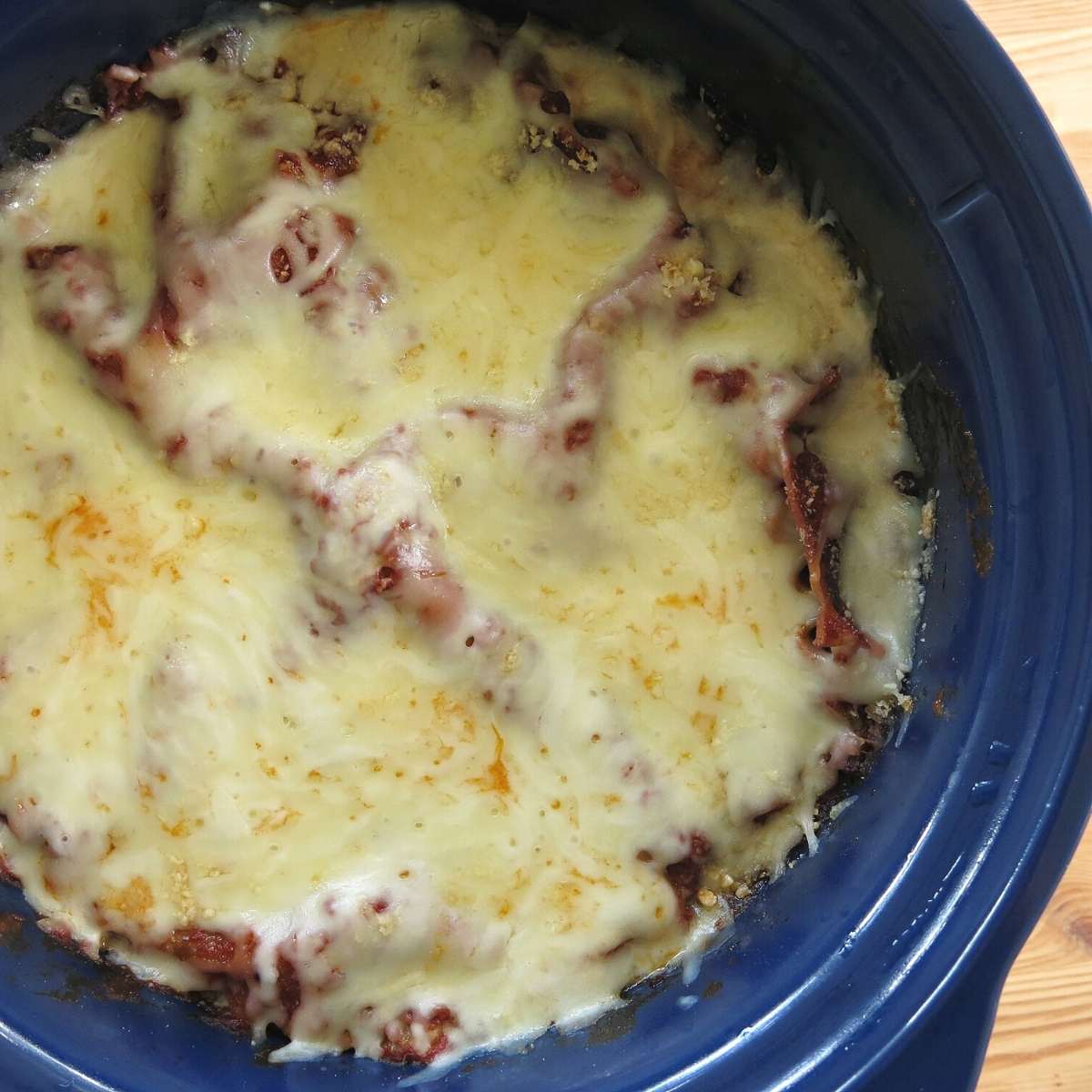 Finished veggie lasagna in slow cooker.