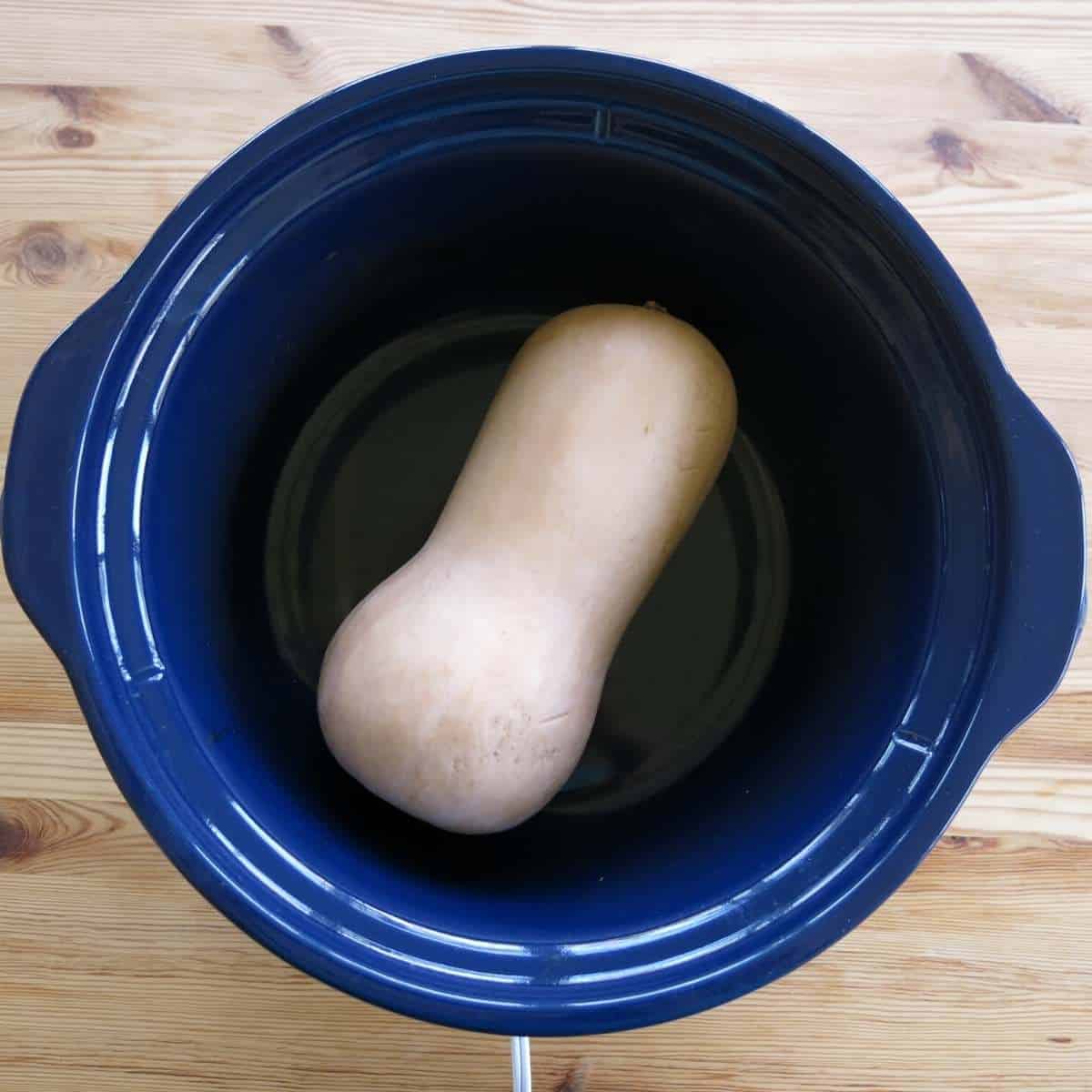 A whole butternut squash in a slow cooker with the cover off.