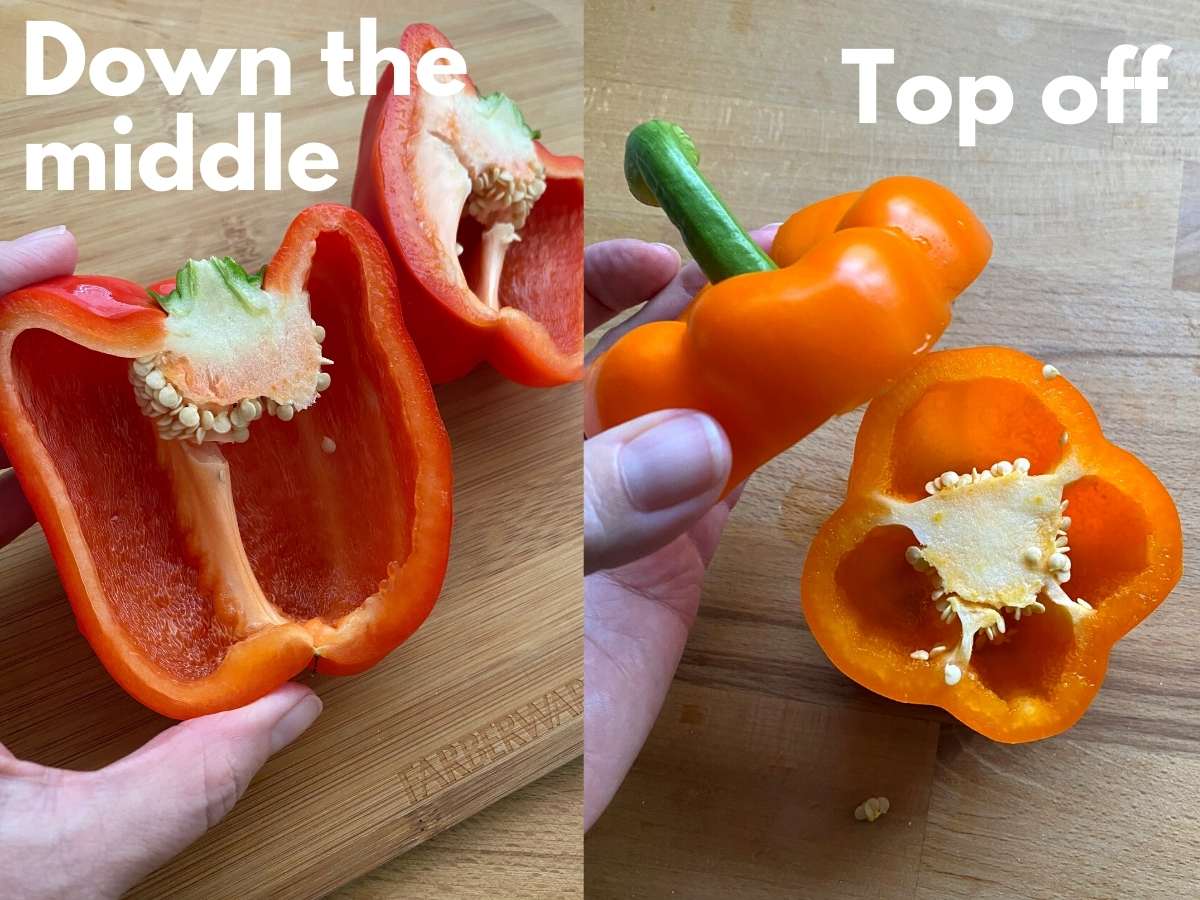 Picture of a red pepper cut down the middle and an orange pepper with the top cut off.