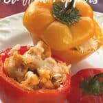 2 Chicken Meatloaf Stuffed Peppers on plate with title on picture for Pinterest.