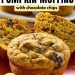 Healthy Greek yogurt pumpkin muffins on a plate and cut in half.