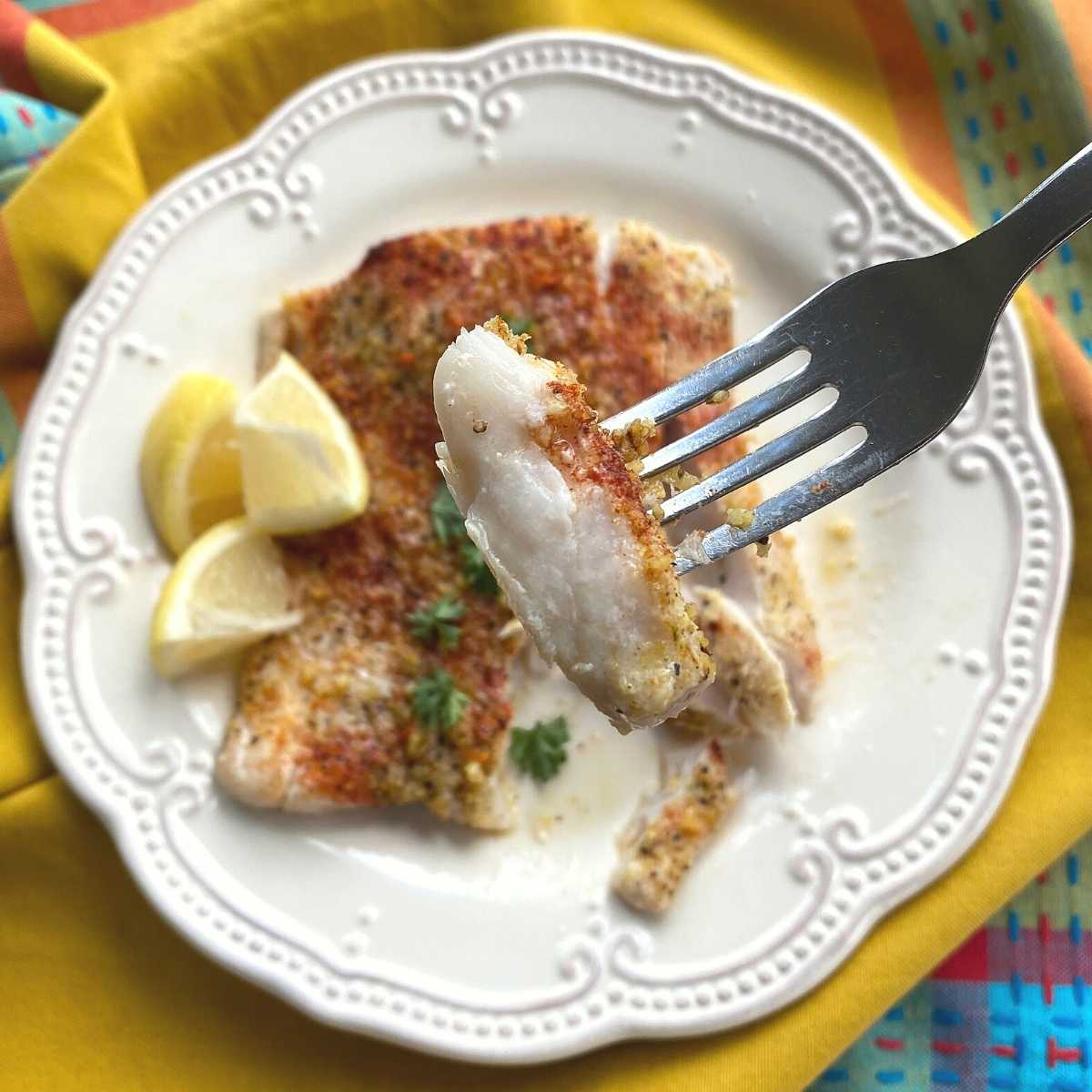 Fork holding a flake bite of corvina fillet.