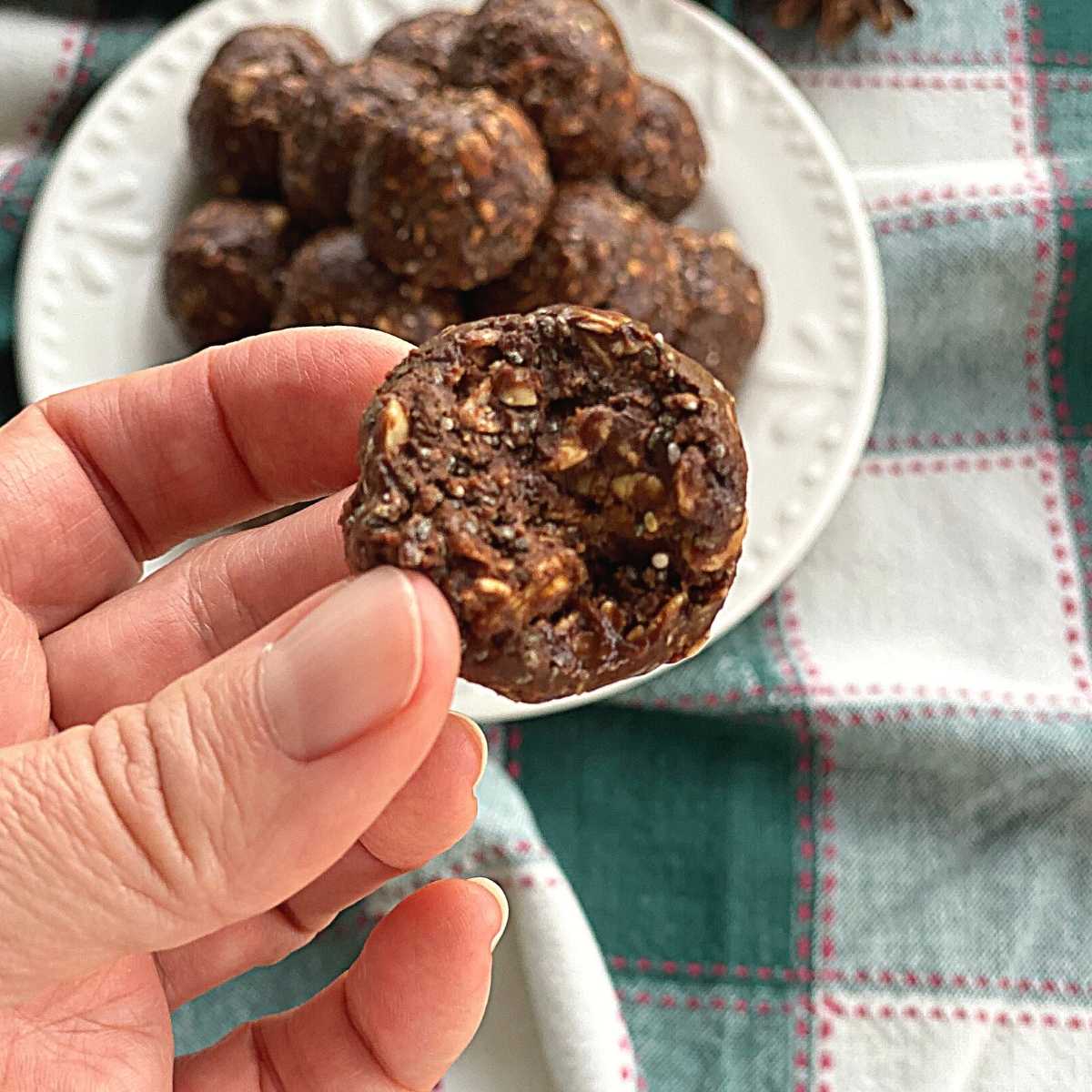 Hand holding bite taken from bliss ball made with chocolate and honey.