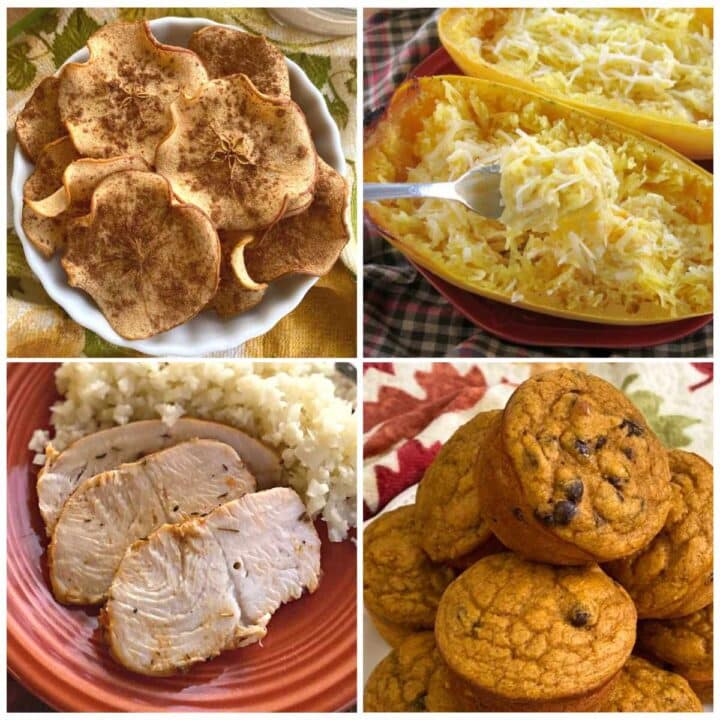 Collage of fall recipes: apple chips, pumpkin muffins, spaghetti squash alfredo, sliced turkey tenderloin