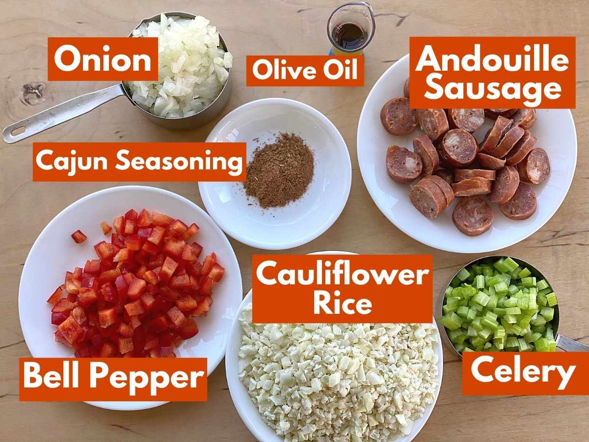 Labeled graphic with all of the ingredients to make cajun dirty rice.