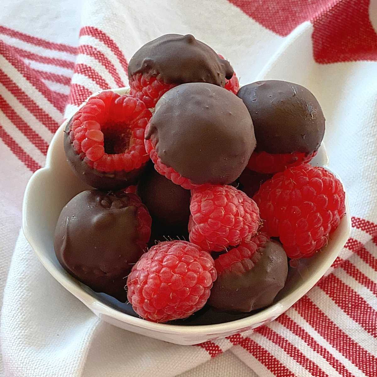 Bowl with frozen chocolate covered raspberries with a few undipped raspberries too.