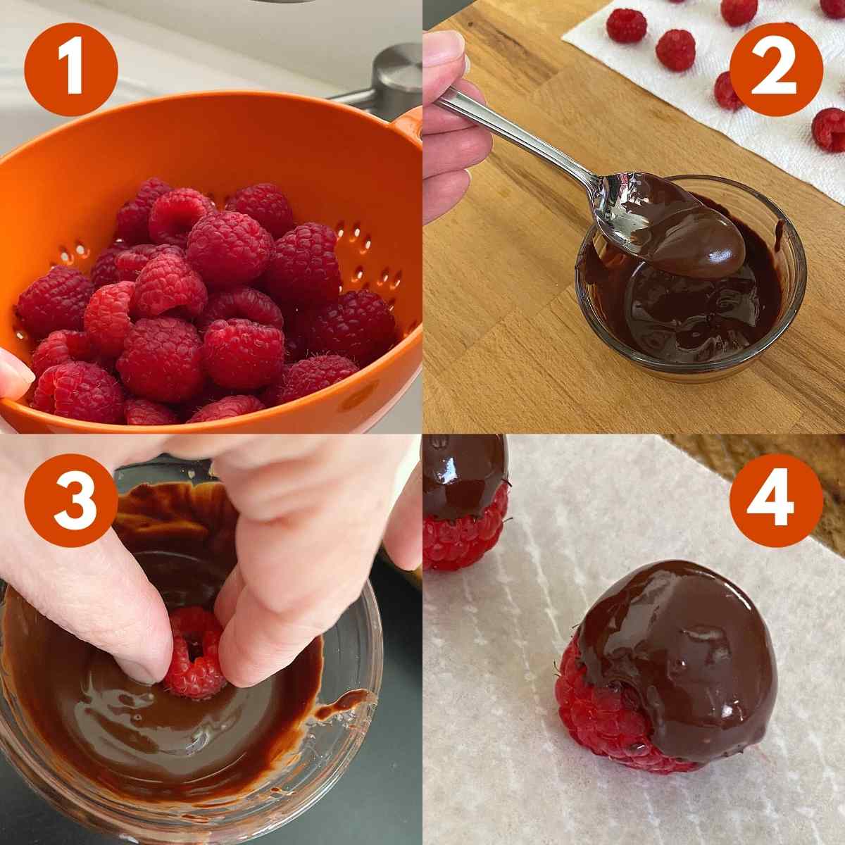 Graphic of steps to dip raspberries in chocolate. 1-raspberries in colander 2-chocolate being spooned out of bowl 3-fingers dipping chocolate into bowl 4-dipped raspberry on wax paper.