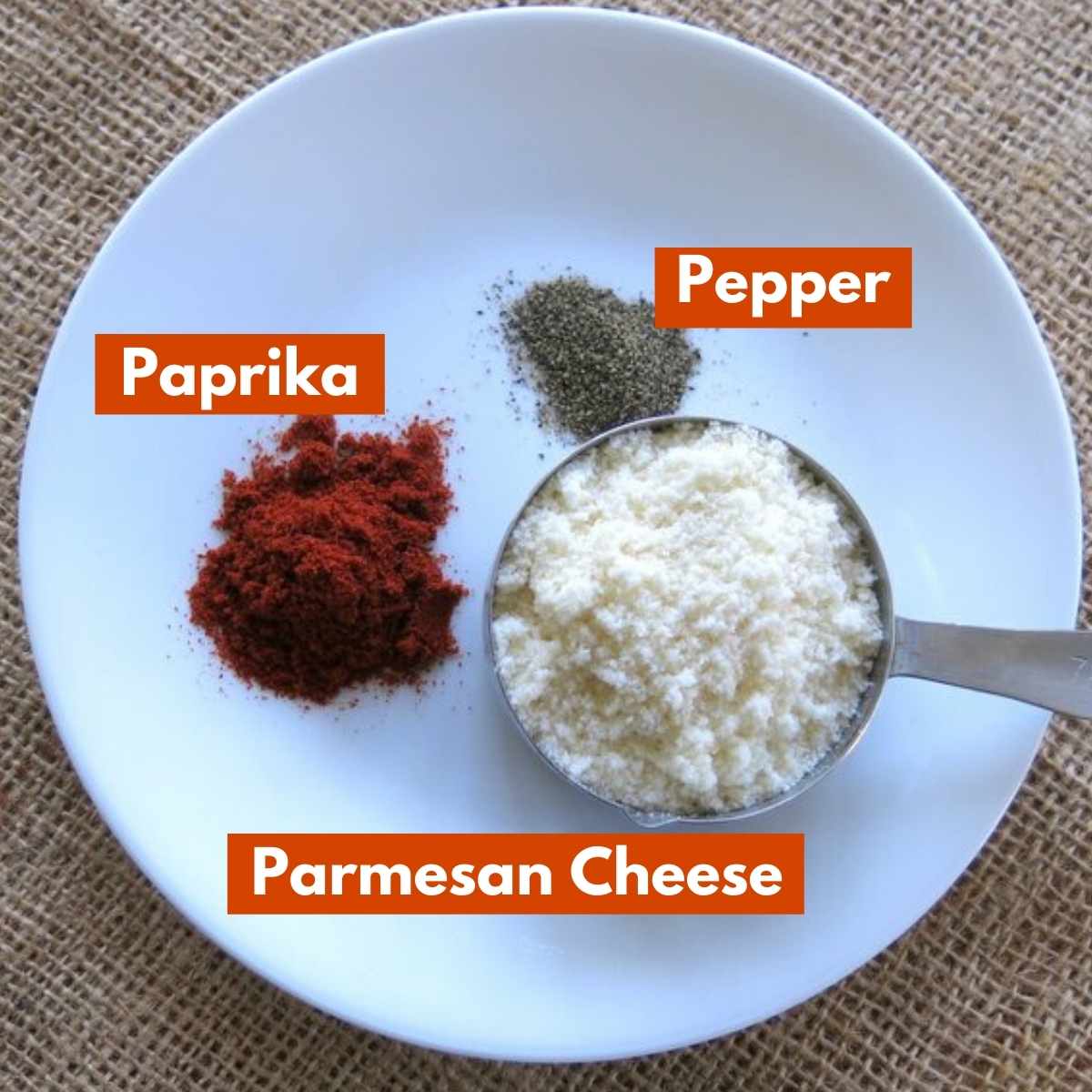 Ingredient graphic for breading with Parmesan cheese, paprika and pepper labeled.