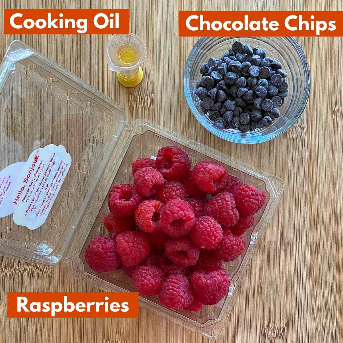 Graphic with pictures of ingredients to make the recipe: raspberries, sugar-free dark chocolate chips, oil. 