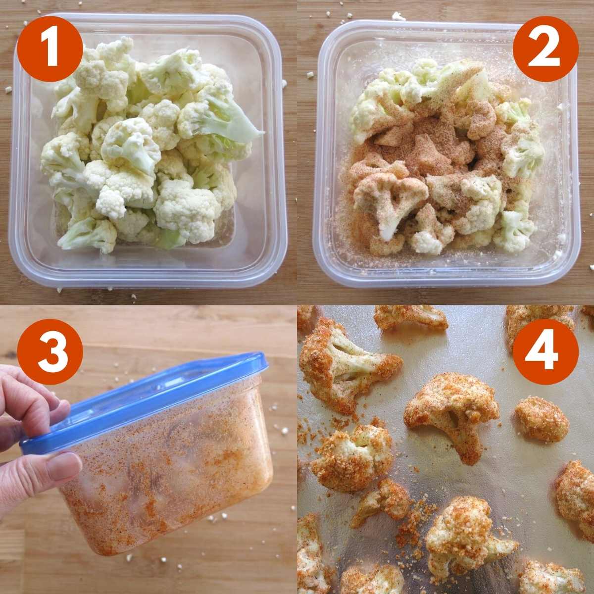 Breading Technique for cauliflower graphic with 4 steps labeled.