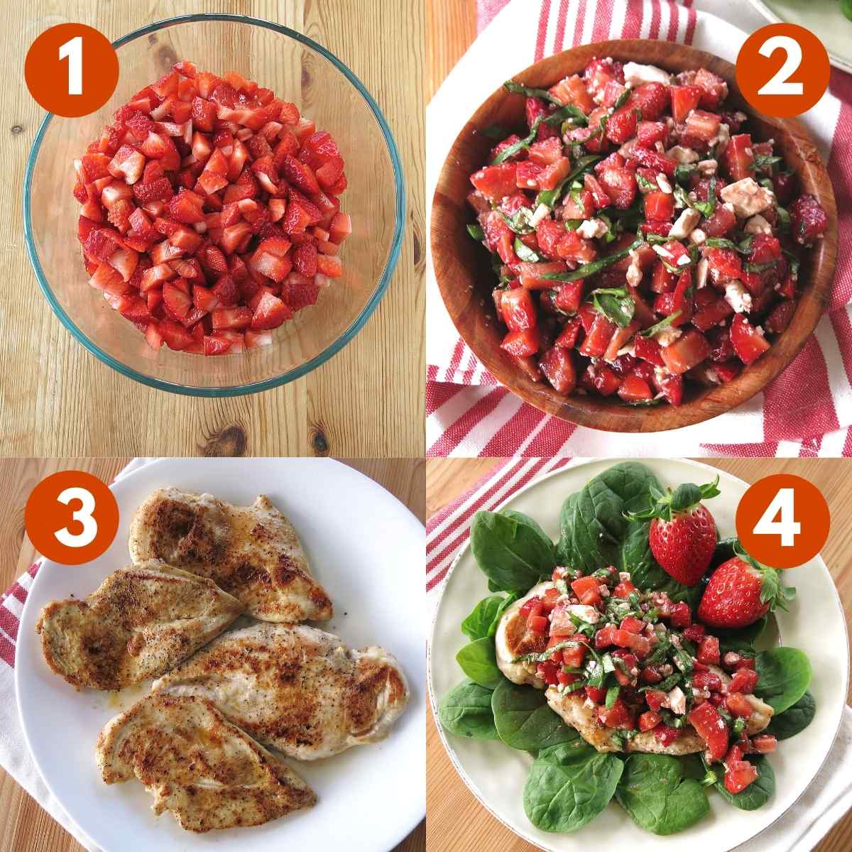 Numbered graphic with steps to make strawberry chicken: 1) chopped berries in bowl, 2) combined strawberry salsa mixture, 3) pan-fried chicken breasts, 4) plated strawberry chicken.