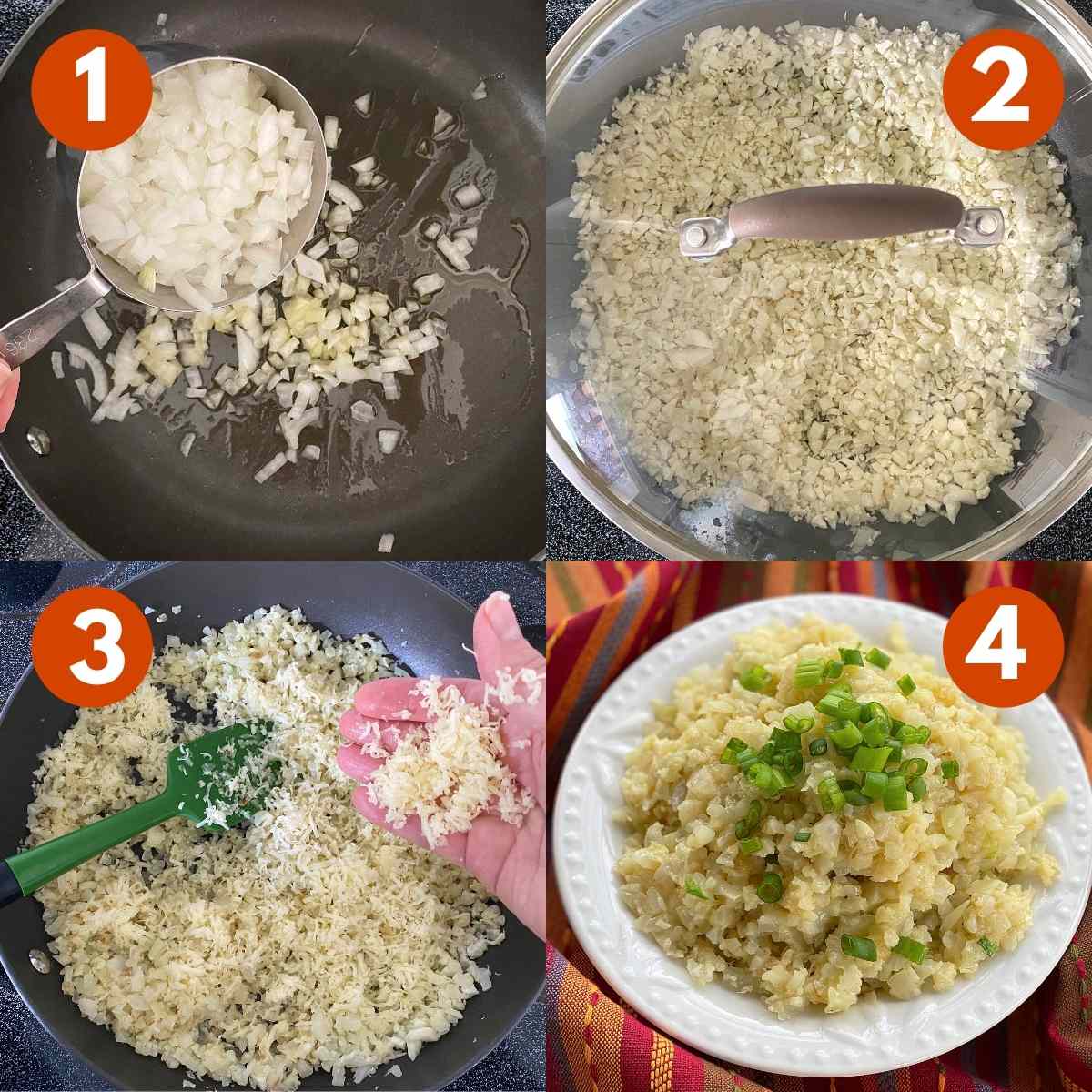 Collage of 4 steps to make cheesy cauliflower girts.
