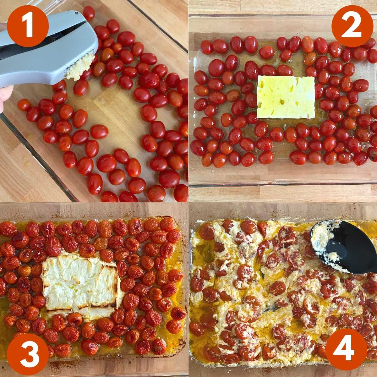 Numbered Collage with steps to make baked feta sauce with tomatoes.