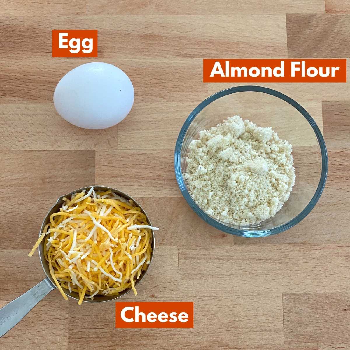 Labeled graphic of ingredients to make recipe: egg, cheese and flour.