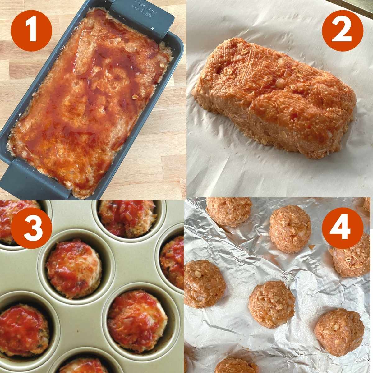 Numbered collage of 4 ways to shape mixture for meatloaf. 1) In a meatloaf pan, 2) Shaped into a loaf on parchment paper, 3) In a muffin tin, 4) Shaped into meatballs.