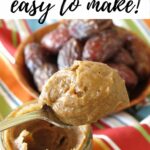 Date jam on a spoon with a jar of the spread and Medjool dates in the background.