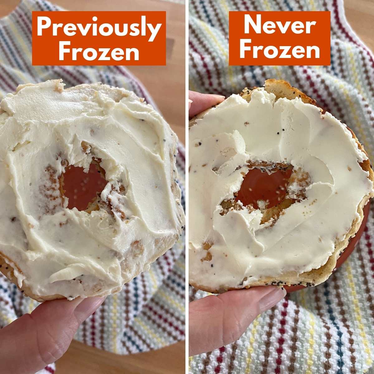 2 pictures: bagel with defrosted cream cheese on it and another with cream cheese that has never been frozen.