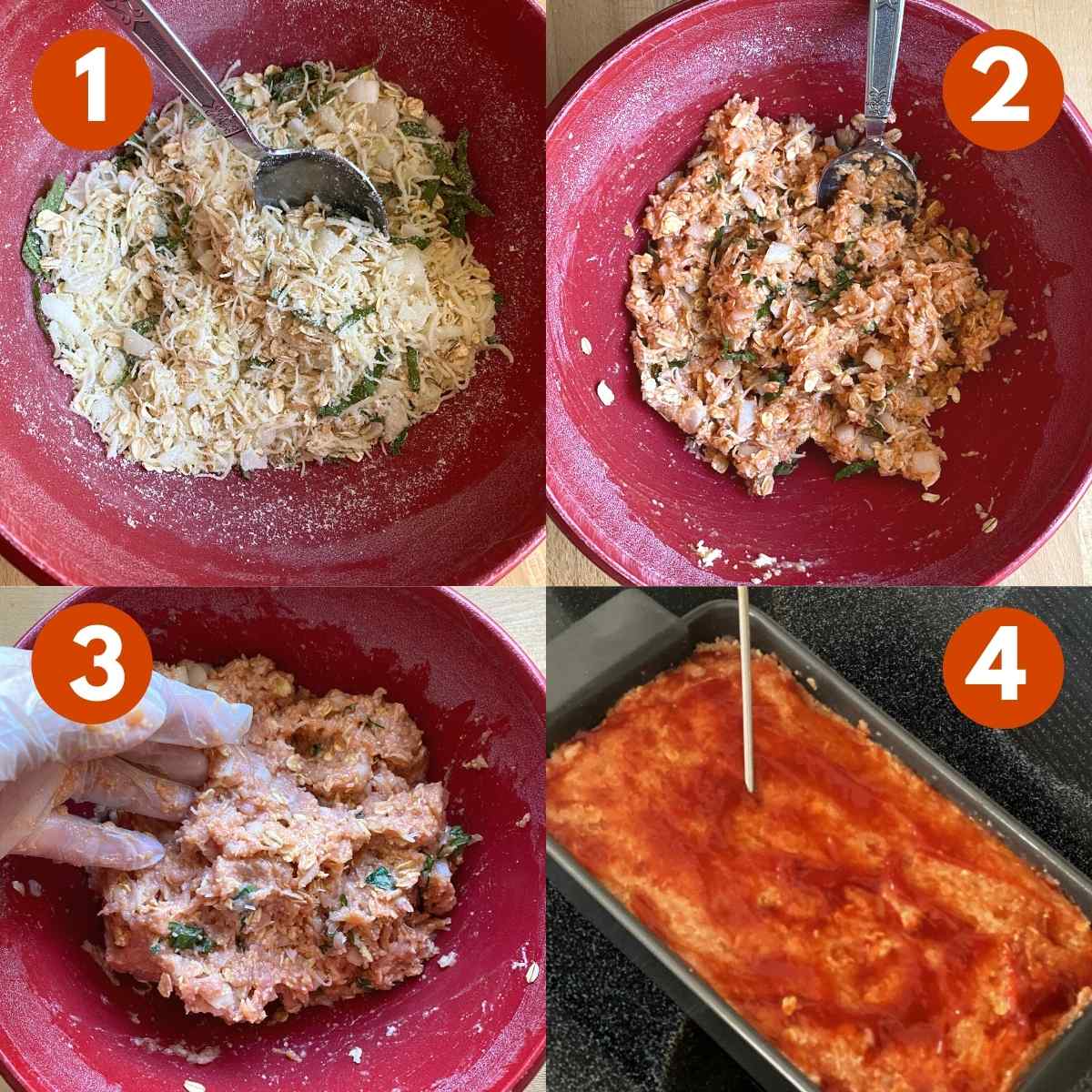 Collage of steps to make ground chicken meatloaf: 1) Dry ingredients and cheeses mixed together in a bowl, 2) Ketchup and egg mixed into the dry mixture, 3) Ground chicken added to the meatloaf mixture, 4) Cooked meatloaf in a pan with an instant-read thermometer inserted.