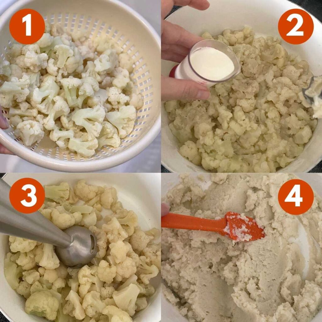 Graphic of steps 1 - 4 of directions to to make mashed cauliflower.