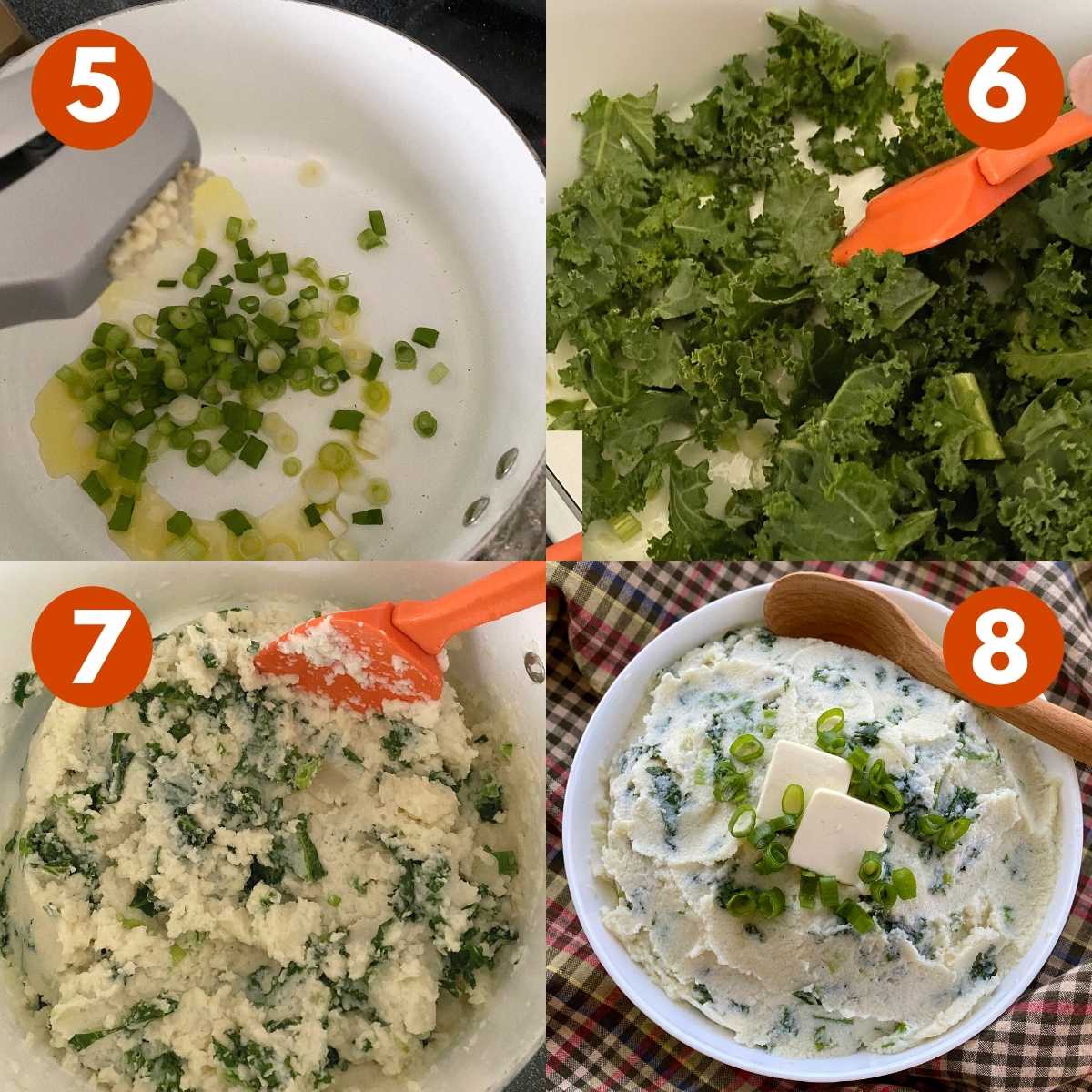 Graphic with numbered steps 5-8: 5) Green onions, olive oil, and garlic being pressed into pot. 6) Kale in pot. 7) Creamy cauliflower and greens mixed together in pot. 8) Cauliflower colcannon in pot with butter and on top.