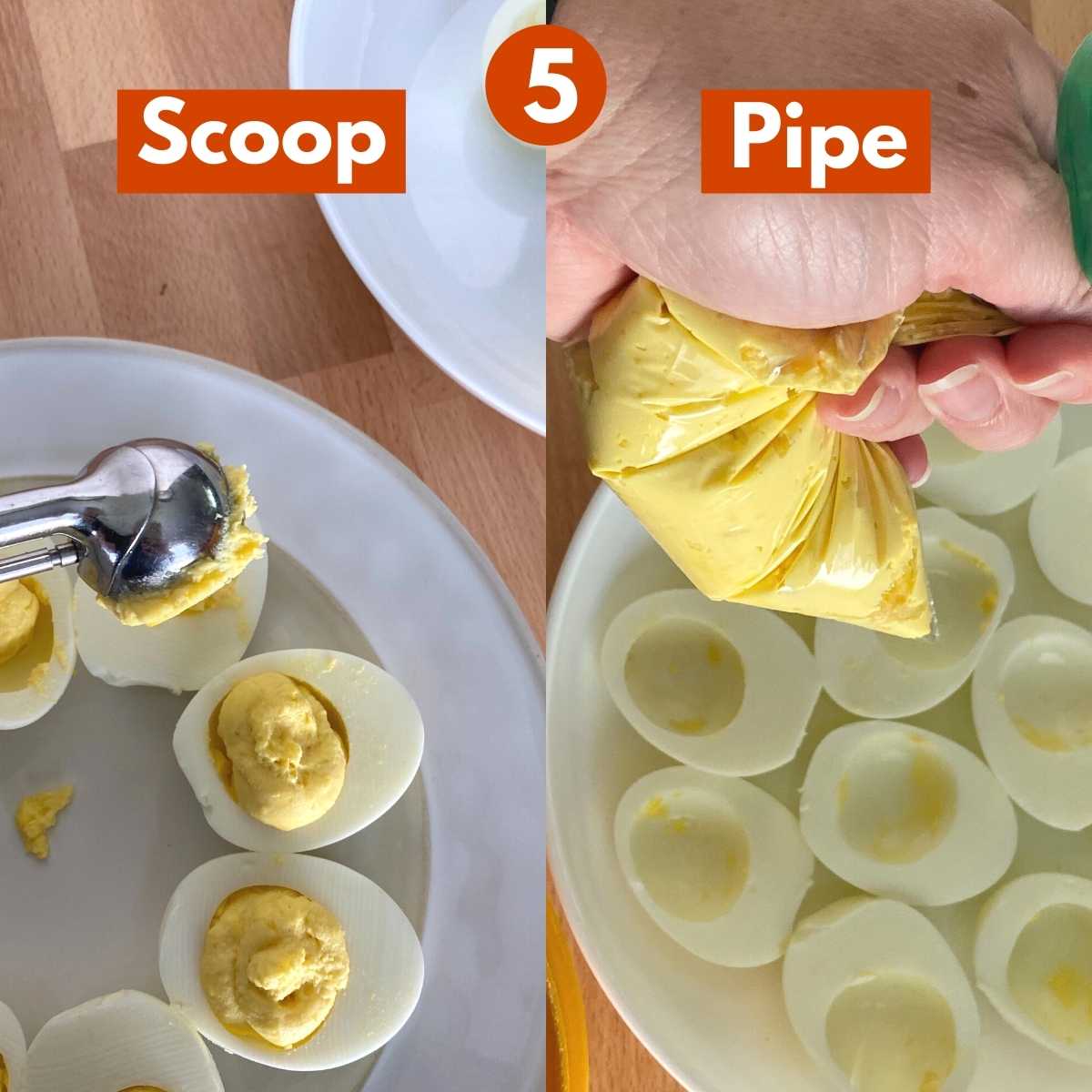 Step 5 picture with yolk filling being piped into center 2 ways with plastic bag and a scoop.