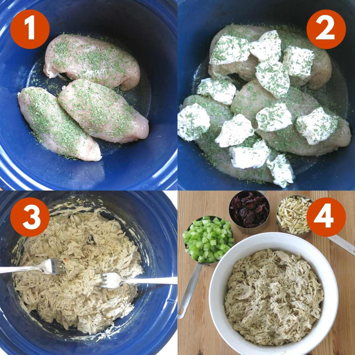 Numbered picture collage of steps to make crock pot chicken salad: 1) Seasoned chicken breasts in the slow cooker, 2) Cream cheese on top of the chicken, 3) Two forks shredding chick in the crock, 4) shredded chicken in serving bowl surrounding by measuring cups with diced celery, slivered almonds, and cranberries.