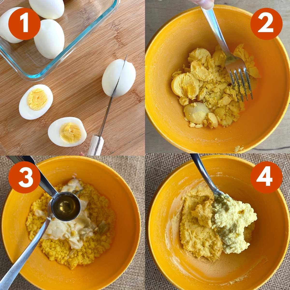 Numbered graphic of steps to make deviled filling.