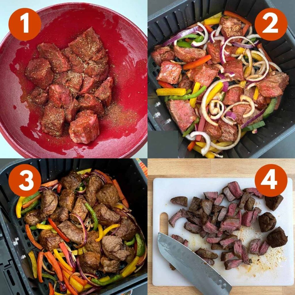 Numbered directions to make steak fajitas in an air fryer.