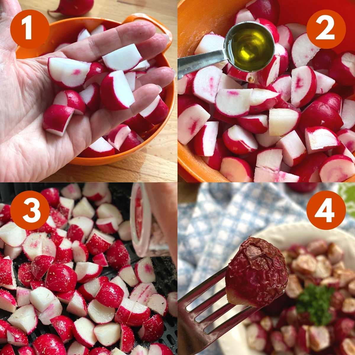 Picture collage of steps to roast radishes in the air fryer.