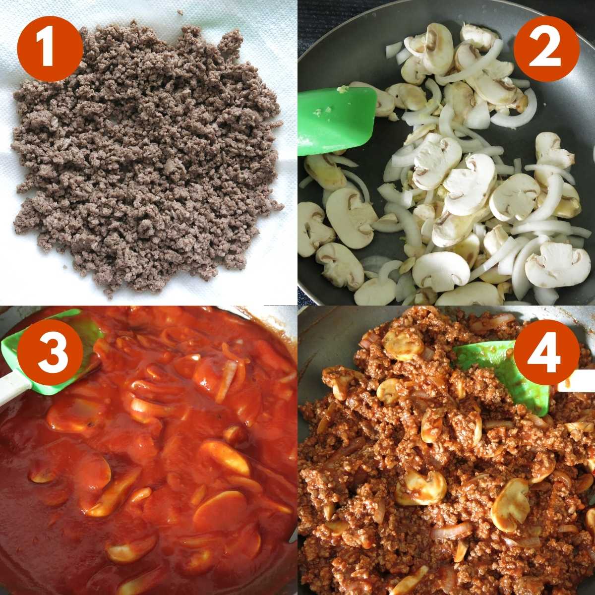 Numbered picture collage of steps to make fancy sloppy joes: 1) cooked beef crumbles on a paper-towel lined plate, 2) mushrooms and onions in a skillet, 3) sauce mixed with vegetables, 4) cooked ground beef mixed into sauce and vegetables in a skillet.