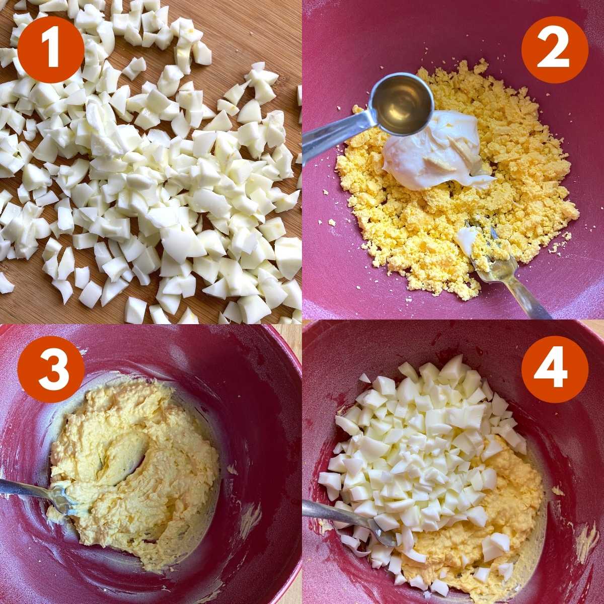 Numbered picture collage of steps to make egg salad. 1) Chopped egg whites on a cutting board, 2) Crumbled yolks, mayonnaise, and vinegar in bowl, 3) Mixed egg yolk mixture, 4) Chopped eggs being folding into egg yolk mixture.