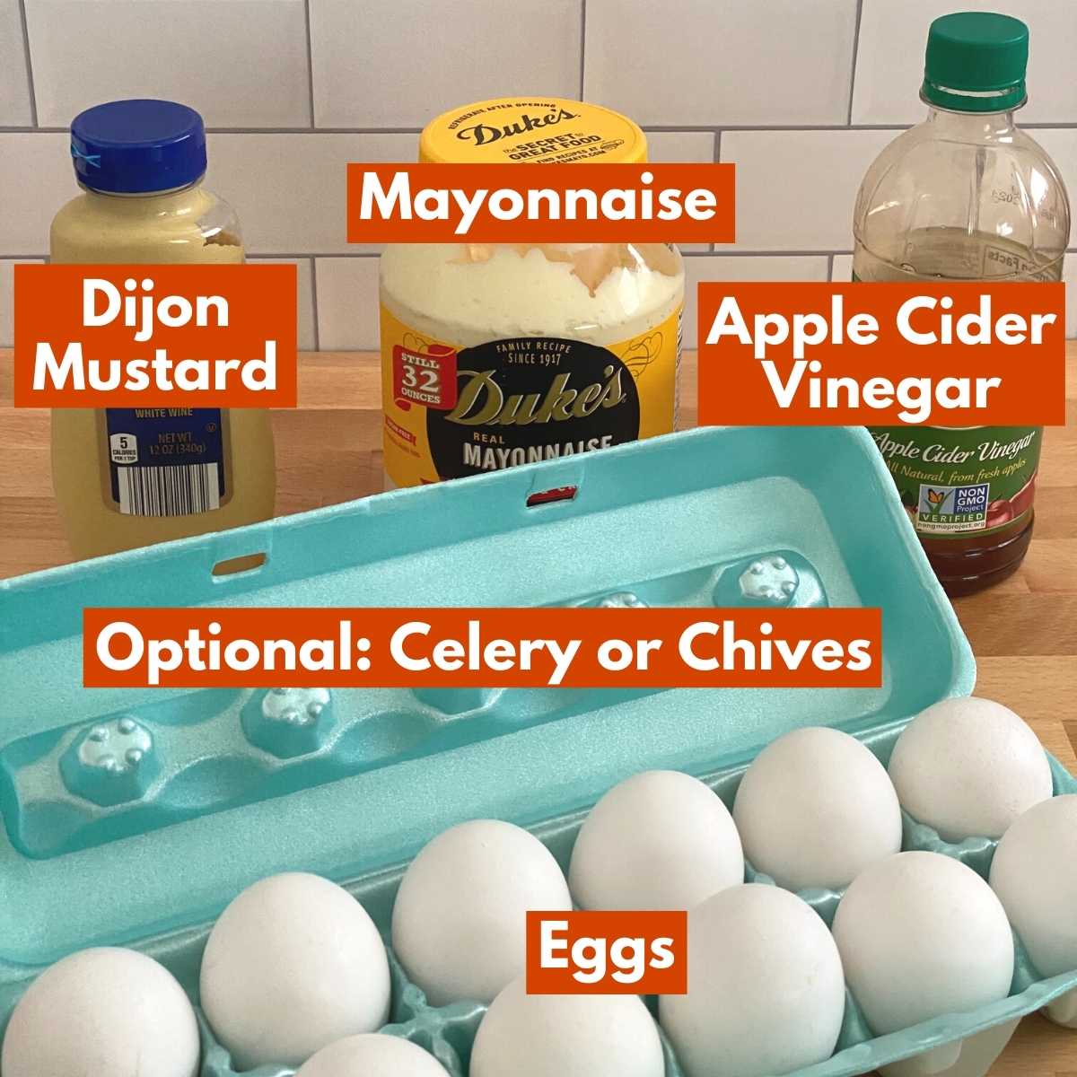 Picture of ingredients to make keto egg salad: Eggs, mayonnaise, Dijon mustard, apple cider vinegar.