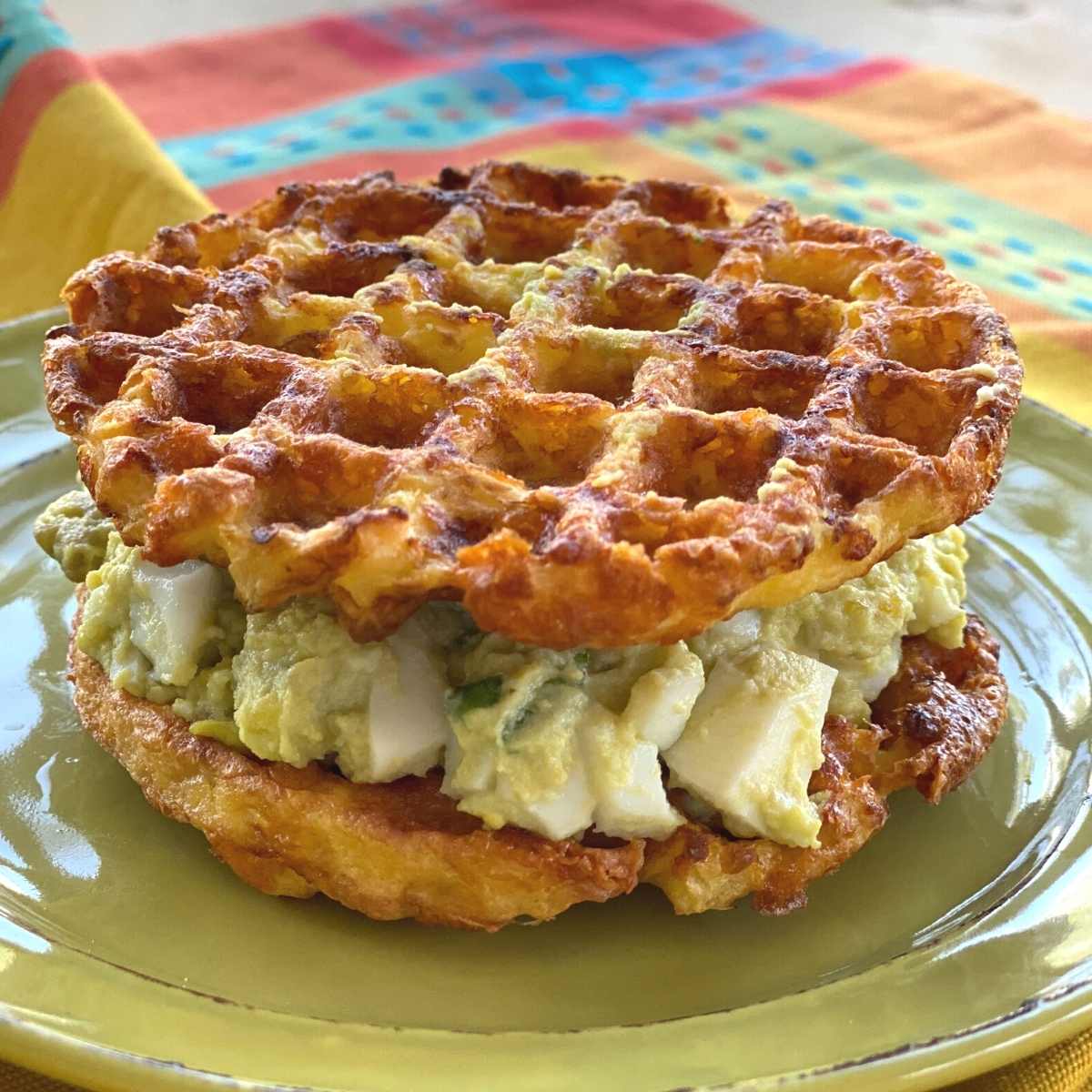 Egg salad served in keto chaffles.