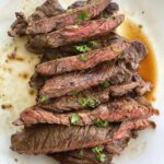 Sliced Bavette Steak on plate with title above it.