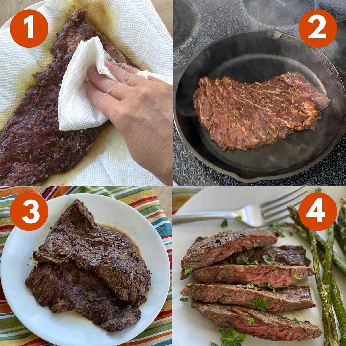 Numbered collage of pictures to make bavette steak. 1) Patting beef dry, 2) steak in cast iron pan, 3) Steak bavette resting on a plate, 4) Steak cut across the grain.