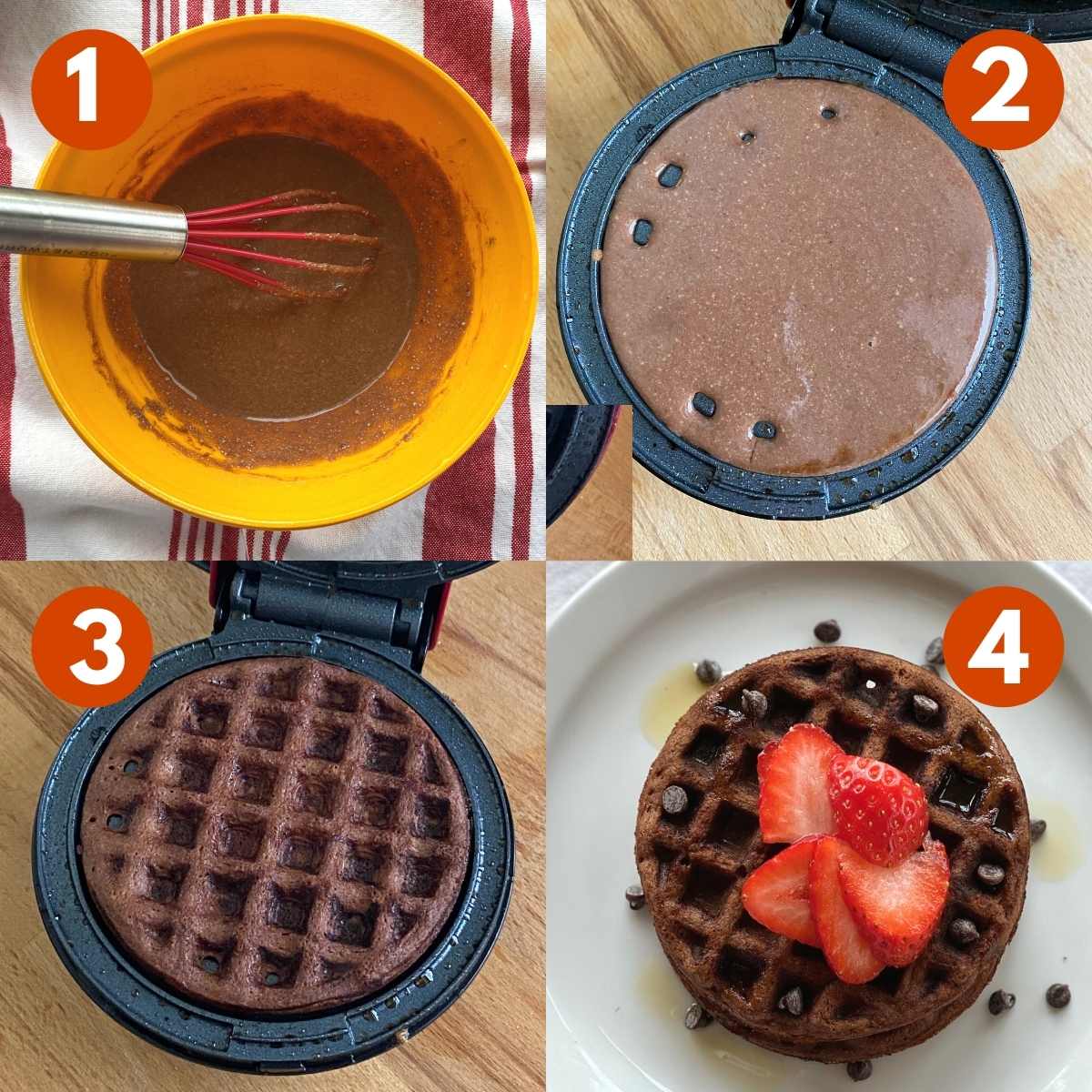 Numbered collage of pictures to make the recipe. 1-Batter in bowl. 2-Uncooked batter in Dash. 3-Cooked batter in waffle maker. 4-chocolate chaffle on plate.