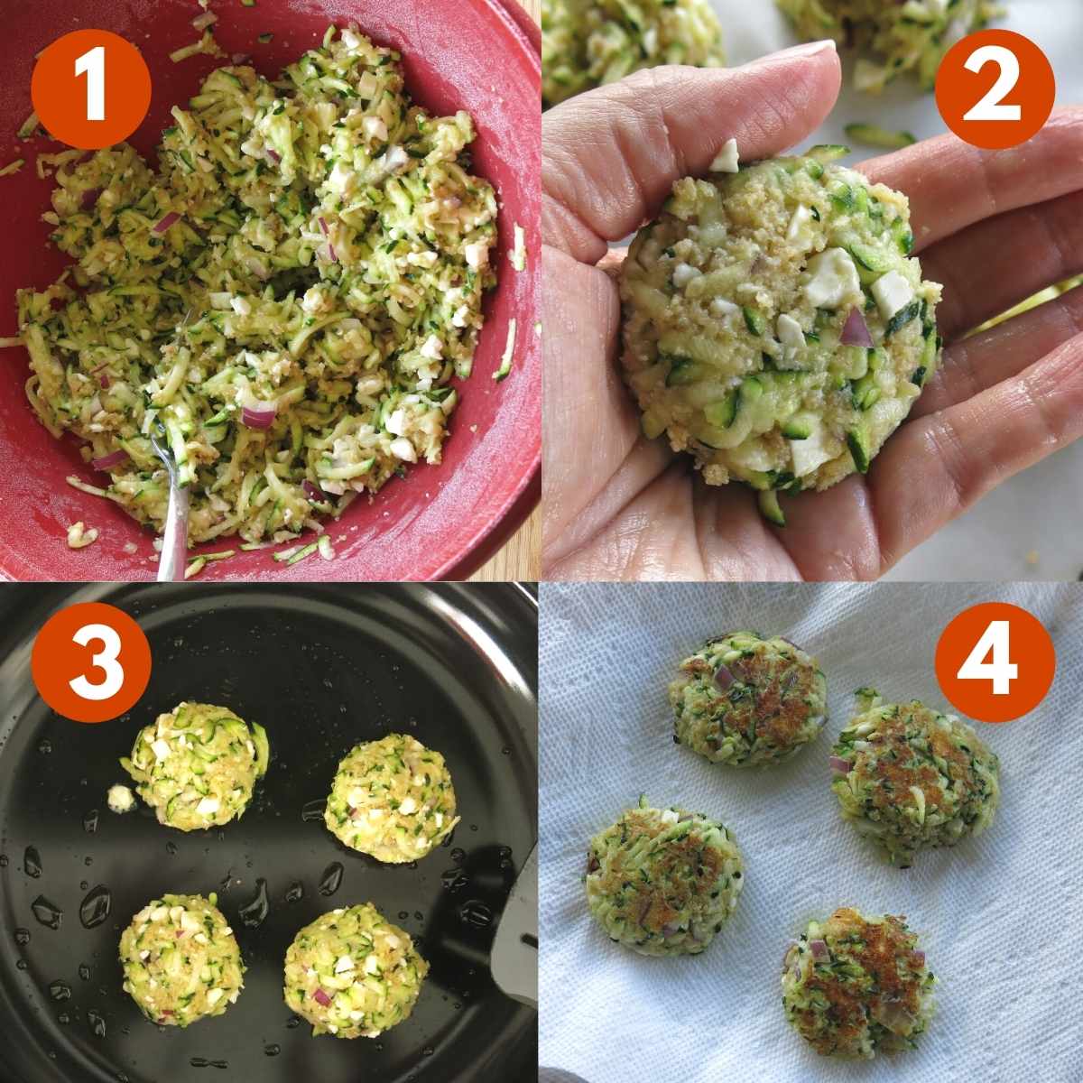 Numbered picture collage to make zucchini cakes: 1) zucchini shreds, and other ingredients combined in a red bowl, 2) hand holding a compressed mixture, 3) uncooked zucchini cakes in skillet, 4) cooked zucchini cakes on a paper towel.