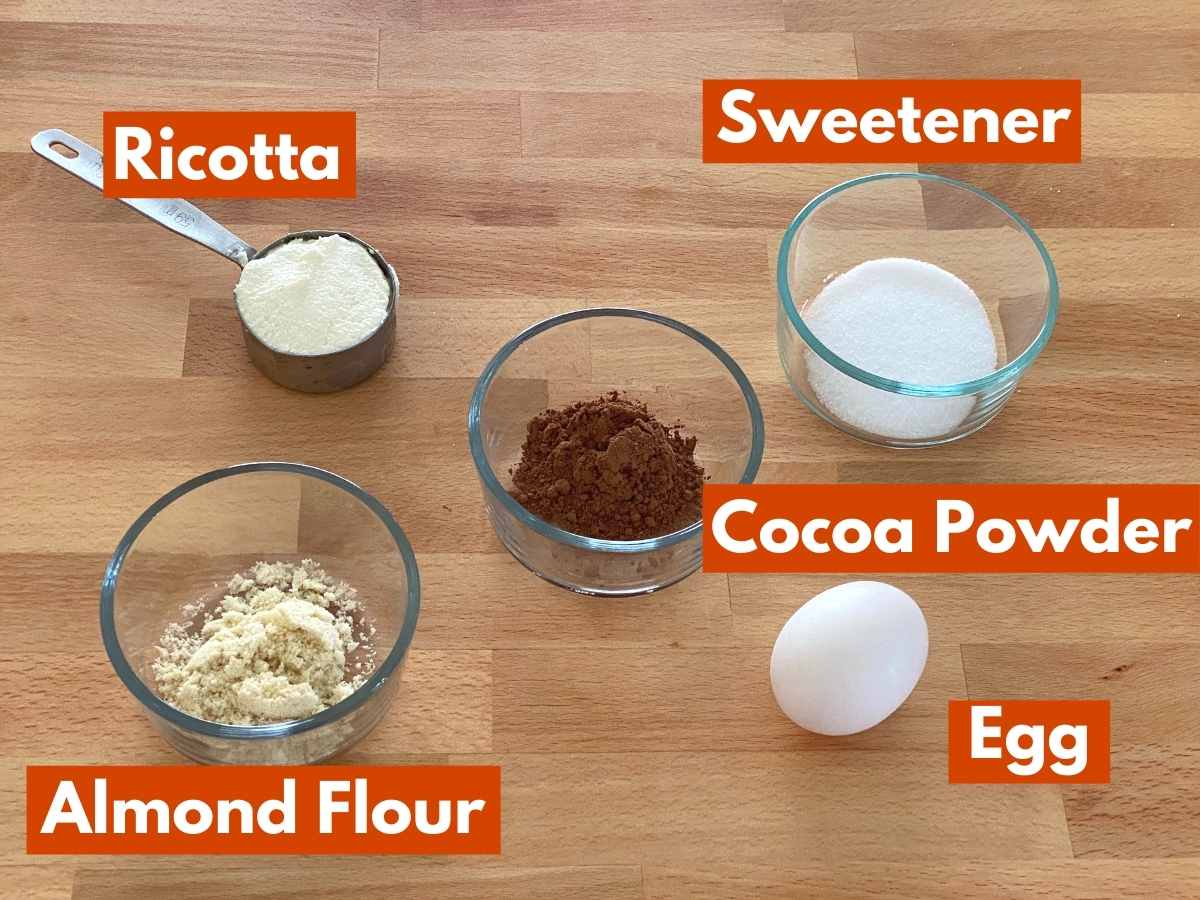 Collage of ingredients to make the recipe: ricotta, sweetener, cocoa powder, almond flour, egg.