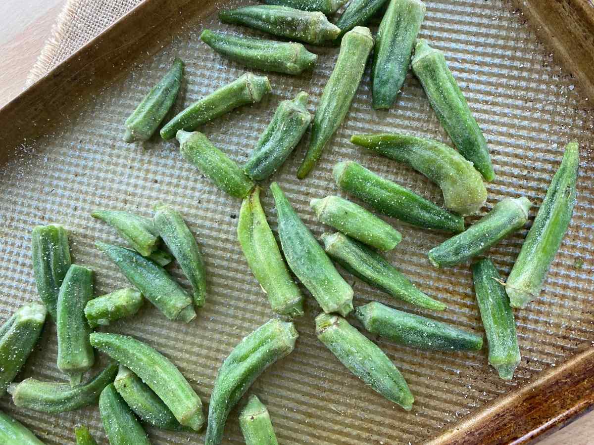 Frozen okra on a sheet pan.