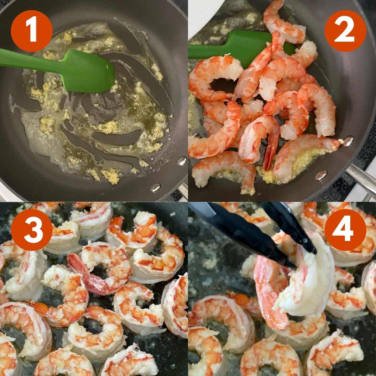 Numbered picture collage of steps to cook Argentine shrimp in skillet. 1) Garlic in pan with butter and olive oil, 2) shrimp added to the pan, 3) shrimp cooking in pan, 4) tongs holding an Argentine shrimp out of the pan.