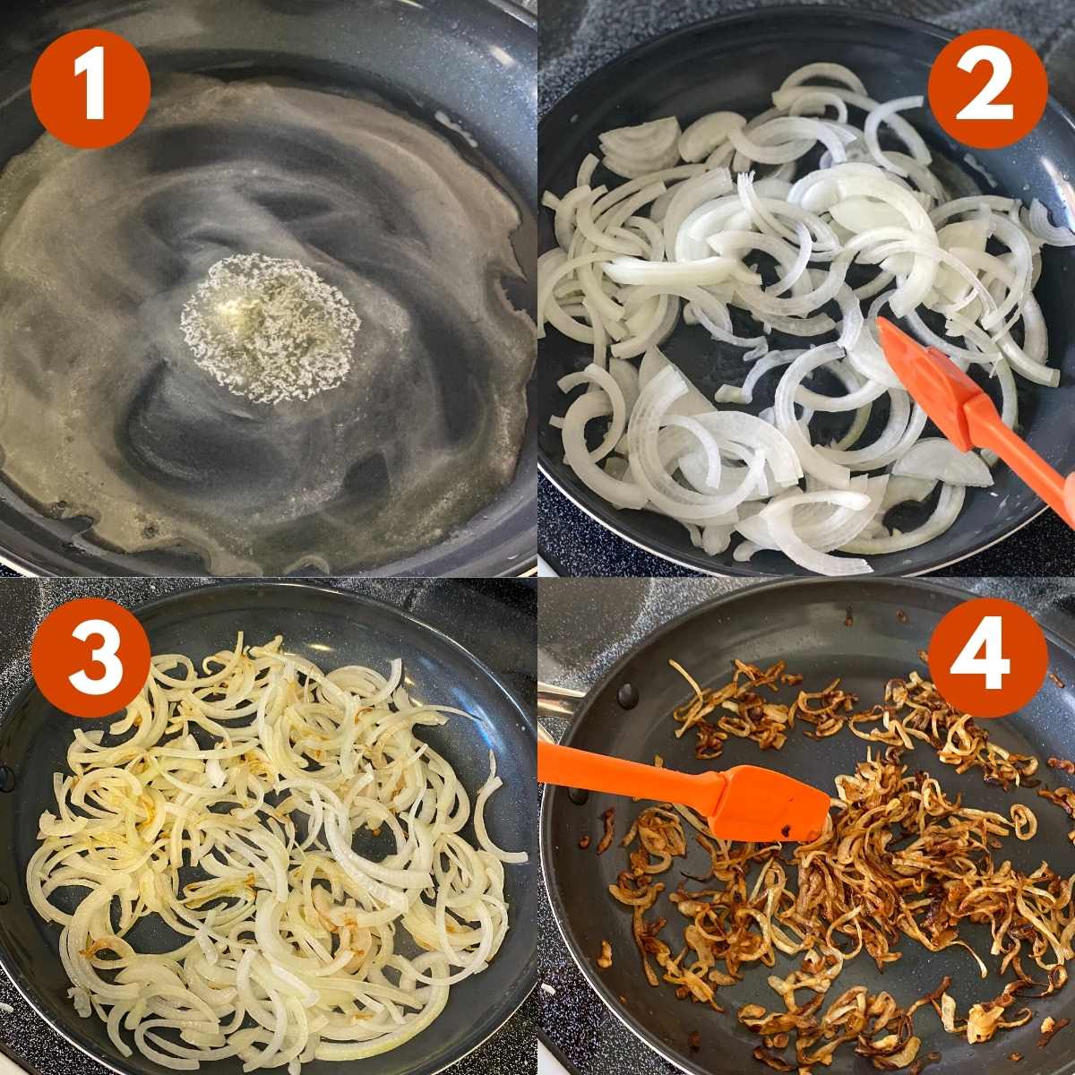 Numbered pictures to make caramelized onions on the stovetop.