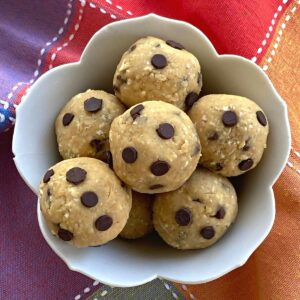 Chickpea cookie dough balls in a bowl.