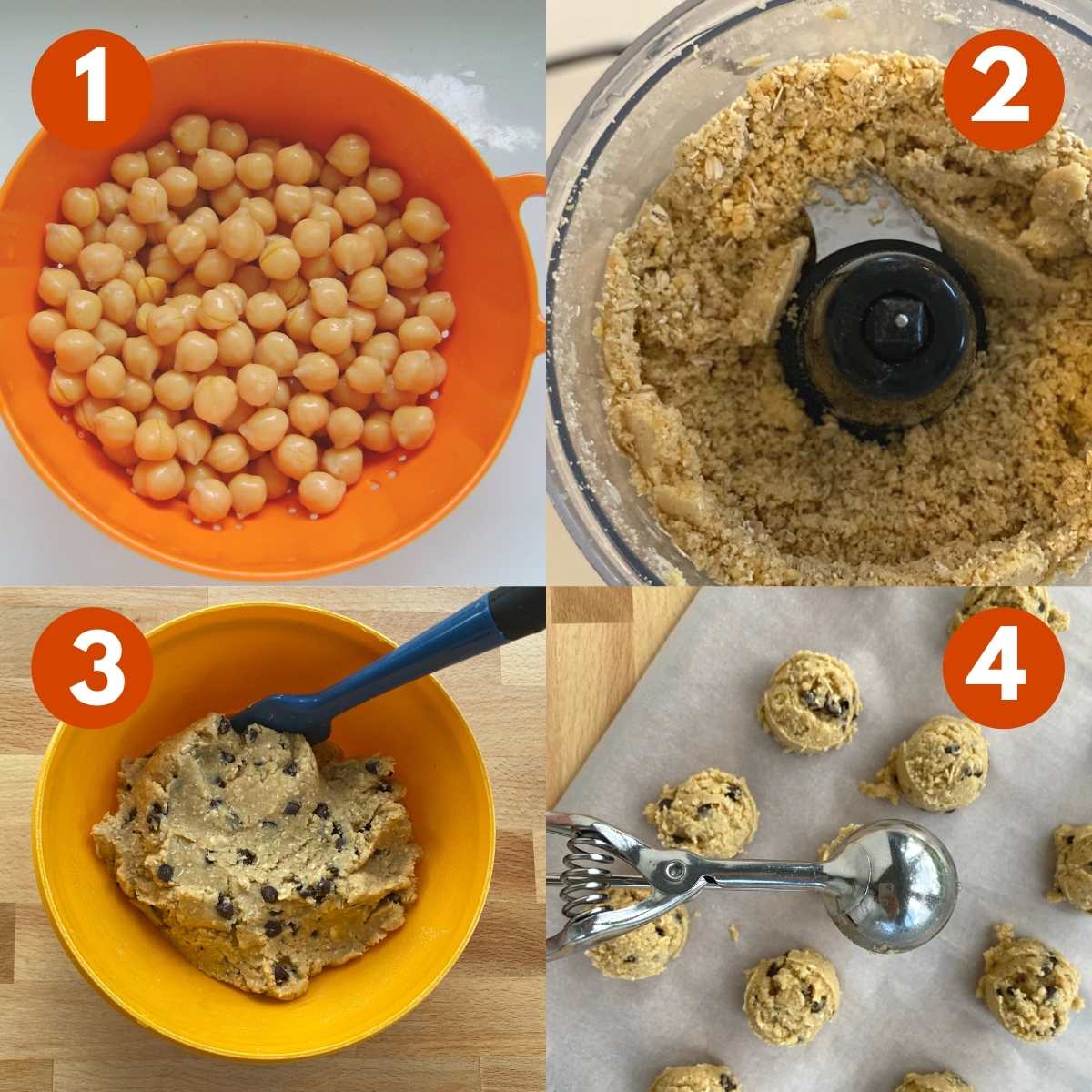 Numbered steps to make chickpea cookie dough and shape into balls: 1) chickpeas in a colander, 2) ingredients pulsed in the base of food processor, 3) cookie dough in a bowl, 4) cookie dough balls on parchment paper with a small cookie dough scoop over it.