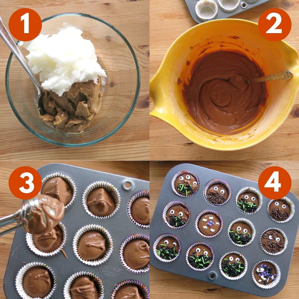 Numbered steps to make Halloween fudge: 1) Almond butter and coconut oil in a glass bowl. 2) Mixed batter in a bowl. 3) Cookie scoop over fudge in mini cupcake tin 4) decorated Halloween fudge in mini cupcake tin.