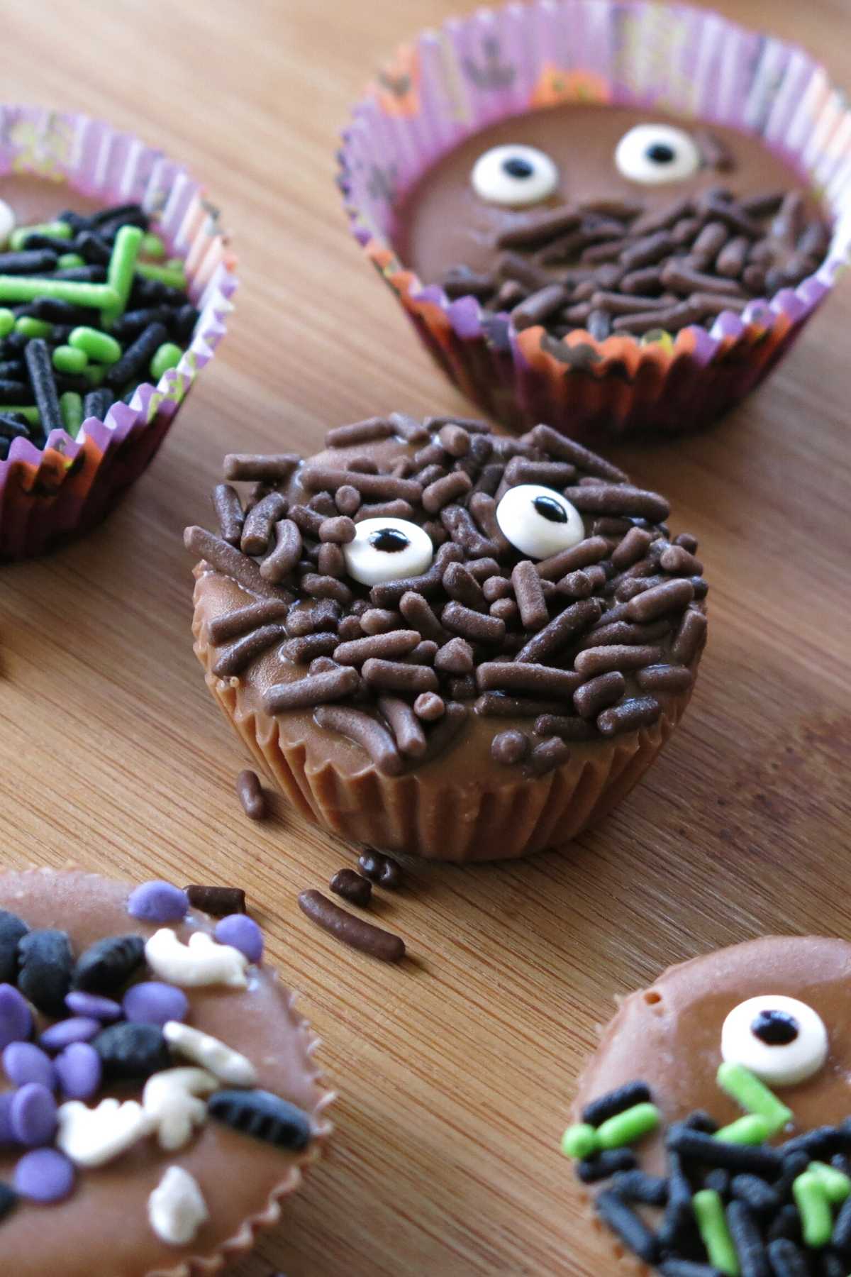 Decorated Halloween fudge on serving board.