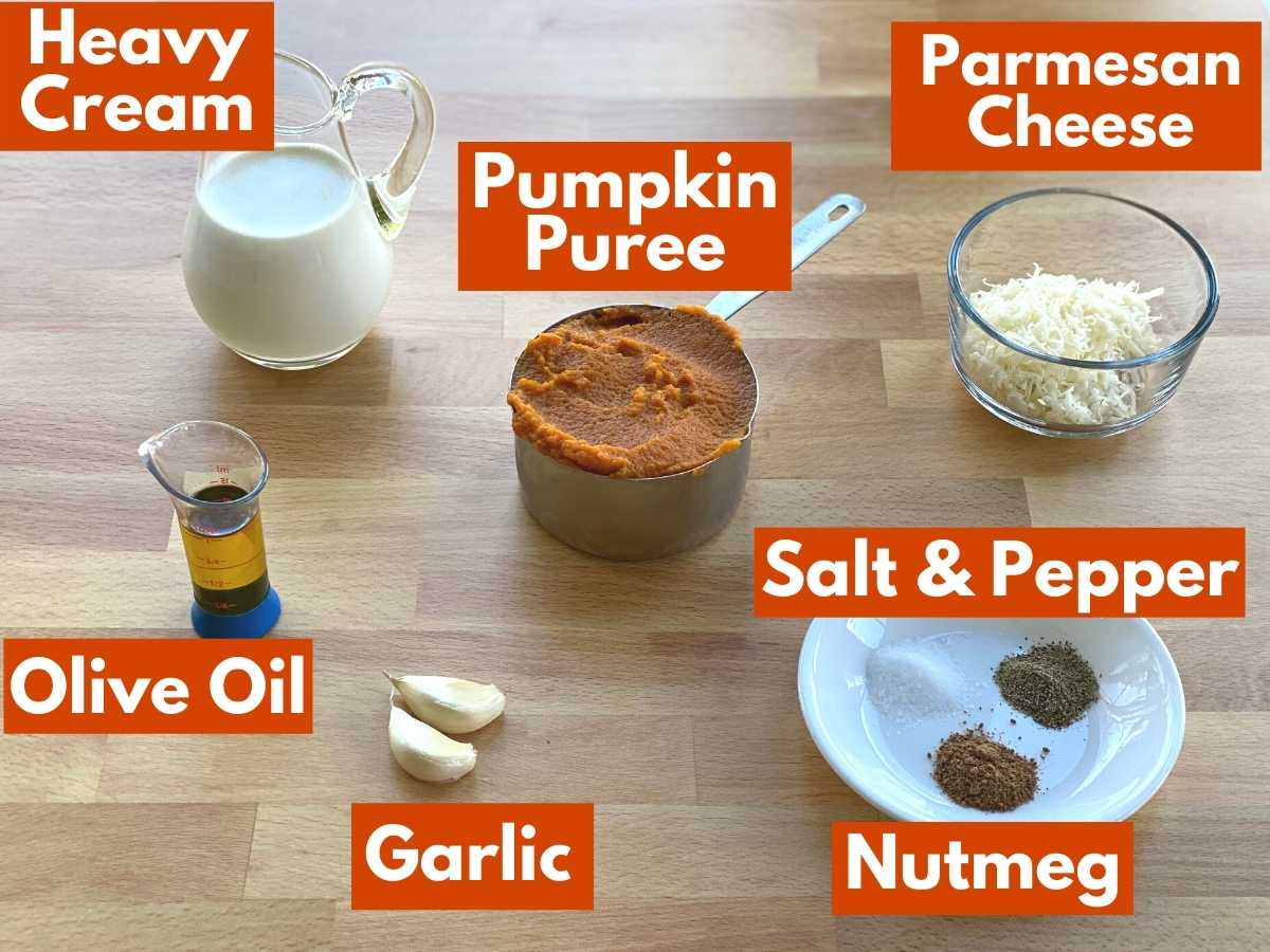 Labeled ingredients to make pumpkin pizza sauce.