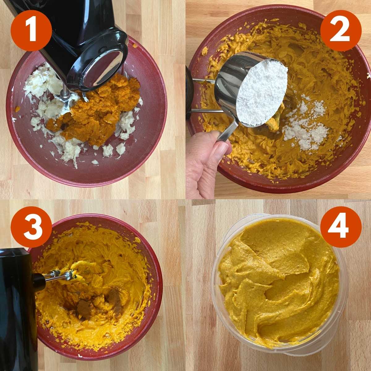 Numbered steps to make pumpkin cream cheese dip: 1) An electric mixer in bowl with cream cheese and pumpkin. 2) Powdered sugar being adding to the bowl. 3) Electric beaters in bowl mixing ingredients. 4) Dip in plastic bowl.